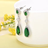 Water Drop Shaped Earrings Green Zircon Long Drop-earrings Silver 925 Jewelry