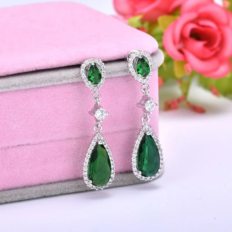 Water Drop Shaped Earrings Green Zircon Long Drop-earrings Silver 925 Jewelry