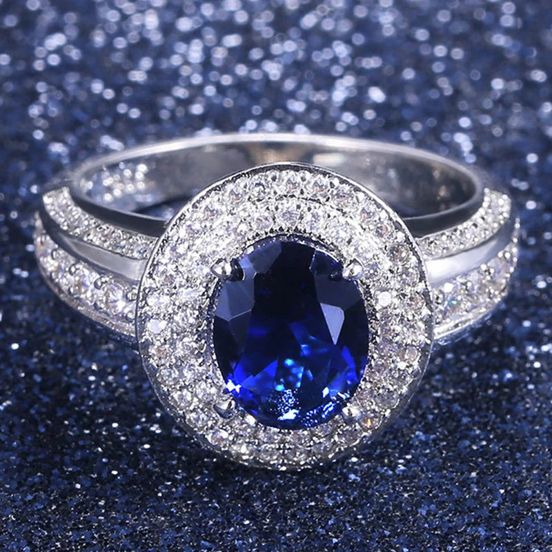 925 Silver Ring Women 7*9mm Oval Sapphire Fine Jewelry Wedding Party