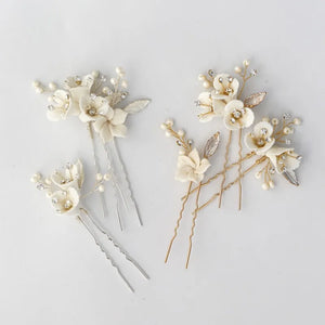 Jonnafe Bridal Hair Pins Clips Porcelain Flower Headpiece Pearls
