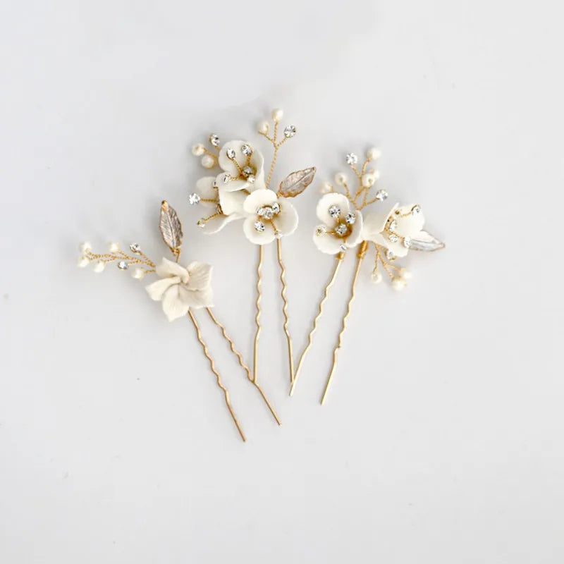 Jonnafe Bridal Hair Pins Clips Porcelain Flower Headpiece Pearls
