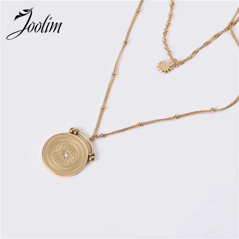 Layered Coin Pendant Bead Chain Stainless Steel Necklace