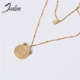 Layered Coin Pendant Bead Chain Stainless Steel Necklace