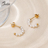 Delicate Pearl Bead C-shaped Hoop Stainless Steel Earring