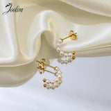 Delicate Pearl Bead C-shaped Hoop Stainless Steel Earring