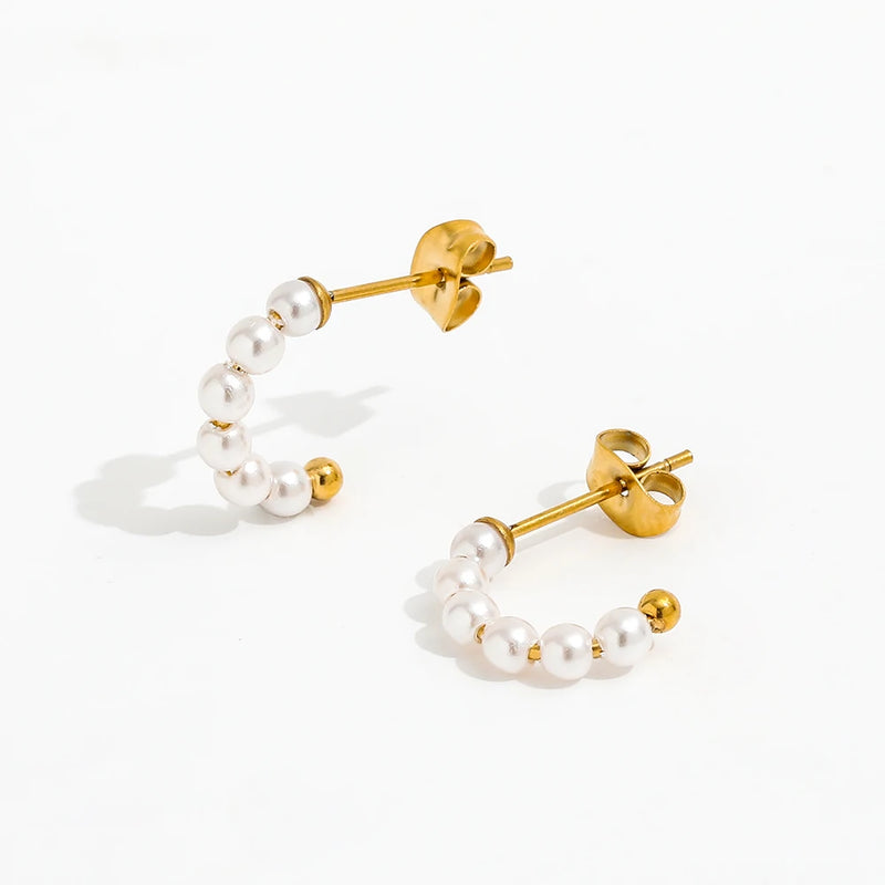 Delicate Pearl Bead C-shaped Hoop Stainless Steel Earring