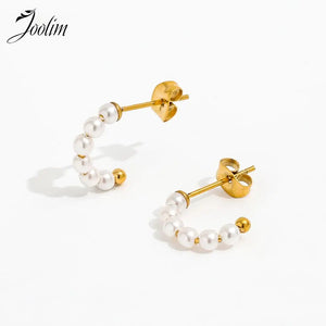 Delicate Pearl Bead C-shaped Hoop Stainless Steel Earring