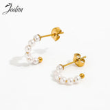 Delicate Pearl Bead C-shaped Hoop Stainless Steel Earring