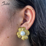 Chunky Flower Pearl Stud Stainless Steel Earring for Women