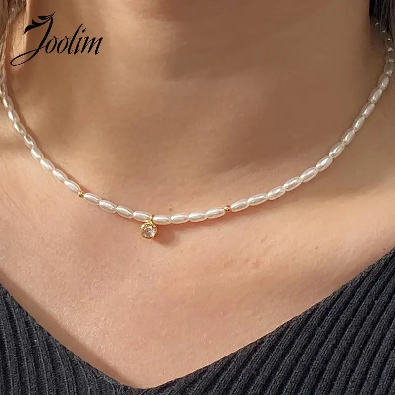Round Drill Rice Pearl And Bead Necklace Waterproof Jewelry