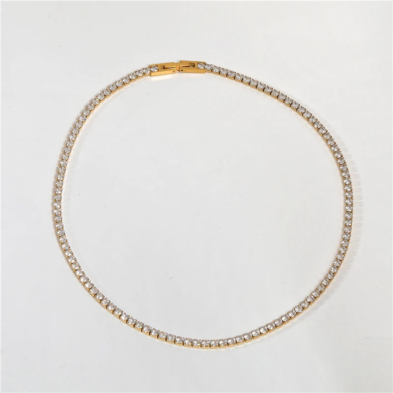 Waterproof CZ Tennis Choker Necklace Stainless Steel
