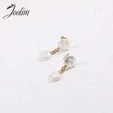 Flat Pearl Hoop Stainless Steel Pendant Earrings