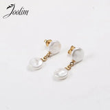 Flat Pearl Hoop Stainless Steel Pendant Earrings