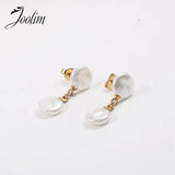 Flat Pearl Hoop Stainless Steel Pendant Earrings
