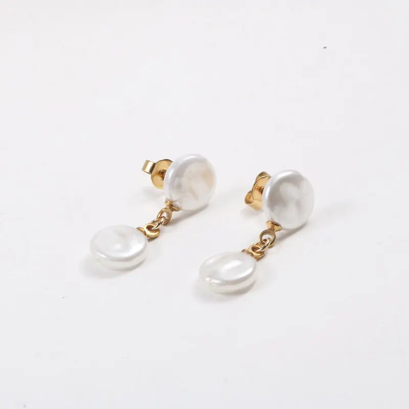 Flat Pearl Hoop Stainless Steel Pendant Earrings