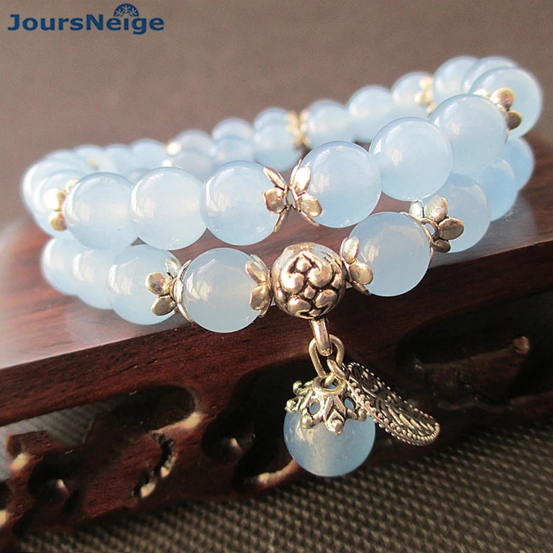 Crystal Bracelet Women Tibetan Silver Leaf Pendant Multilayer Jewelry