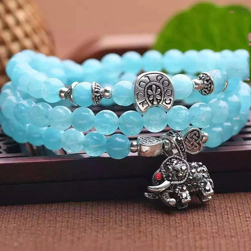 Multilayer Crystal Bracelet with Lucky Tibetan Silver Elephant Pendant