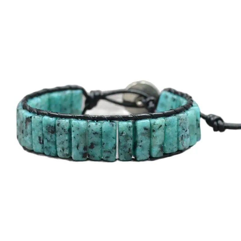 Handwoven Boho Bracelet with Natural Stone and Leather Wrap