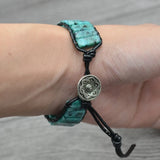 Handwoven Boho Bracelet with Natural Stone and Leather Wrap
