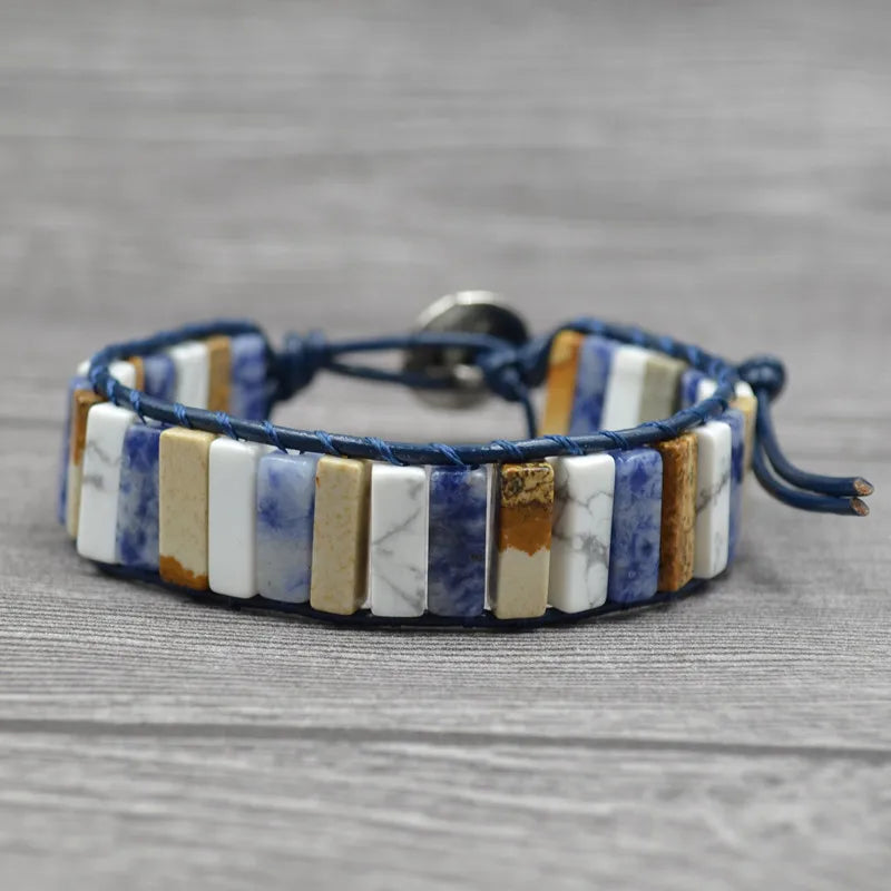 Vintage Leather Wrap Bracelet Natural Stone Cuff
