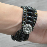 Dark Tiger Eyes Stone Leather Wrap Bracelet Cuff