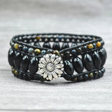 Dark Tiger Eyes Stone Leather Wrap Bracelet Cuff