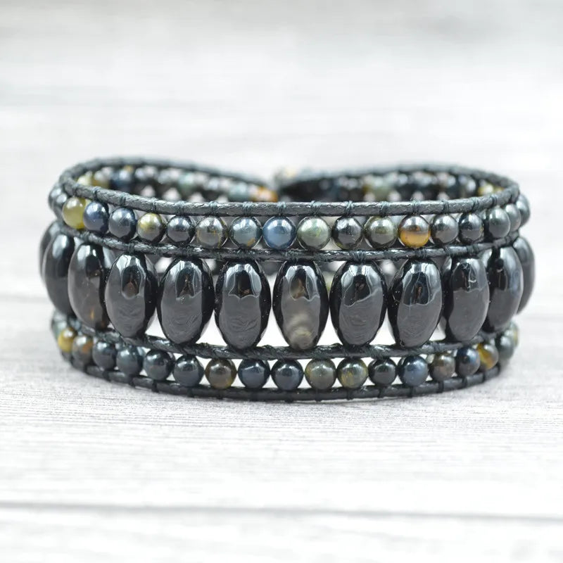Dark Tiger Eyes Stone Leather Wrap Bracelet Cuff