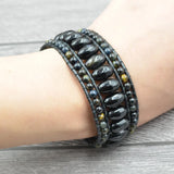 Dark Tiger Eyes Stone Leather Wrap Bracelet Cuff