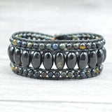 Dark Tiger Eyes Stone Leather Wrap Bracelet Cuff