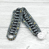 Dark Tiger Eyes Stone Leather Wrap Bracelet Cuff