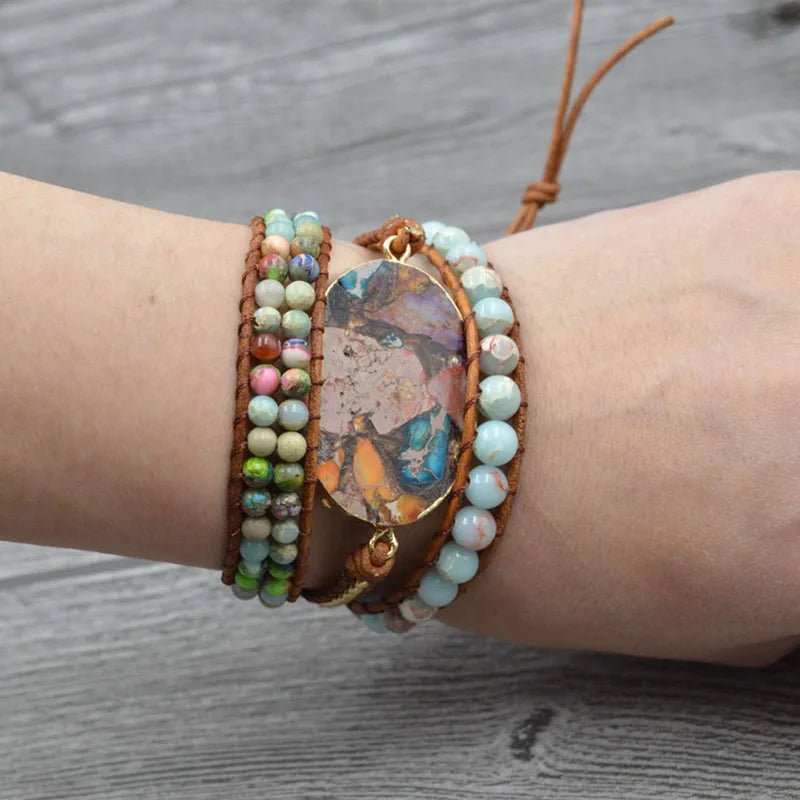 Boho Stone Crystal Leather Wrap Bracelet