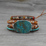 Boho Stone Leather Wrap Bracelet Hand Woven Cuff
