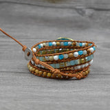 Boho Stone Leather Wrap Bracelet Hand Woven Cuff