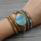 Boho Stone Leather Wrap Bracelet Hand Woven Cuff