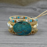 Boho Stone Leather Wrap Bracelet Hand Woven Cuff