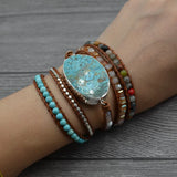 Boho Stone Leather Wrap Bracelet Hand Woven Cuff