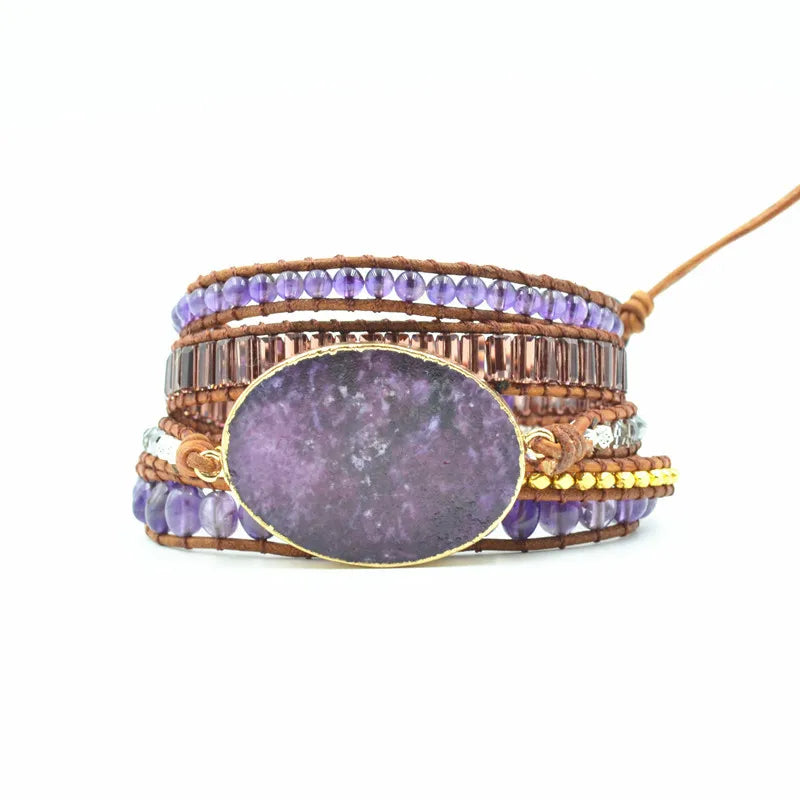 Boho Bracelets Ocean Natural Stone Purple Crystal Retro Leather Wrap Bracelets
