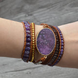 Boho Bracelets Ocean Natural Stone Purple Crystal Retro Leather Wrap Bracelets
