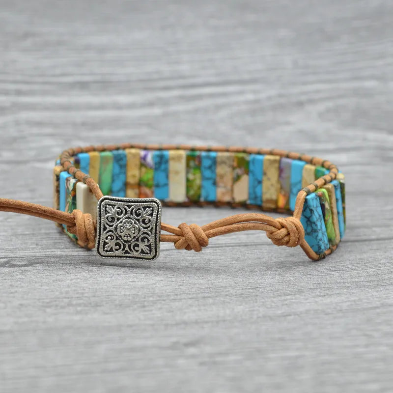 Natural Stone Leather Wrap Bracelet Cuff Vintage Boho Jewelry