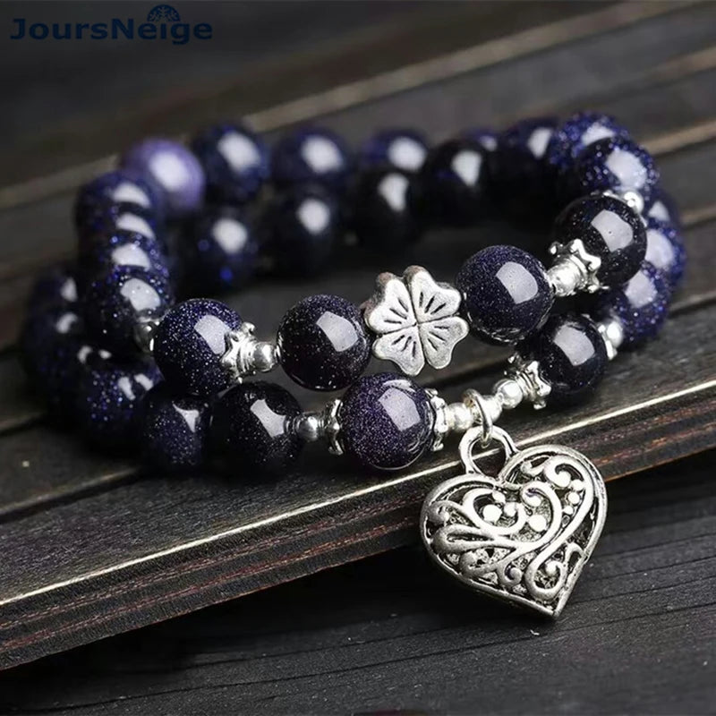 Dark Sand Stone Bracelet with Heart Pendant for Men and Women