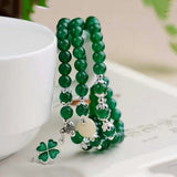 Green Crystal Bracelet 6mm Beads Tibetan Silver Pendant Women Multilayer Jewelry