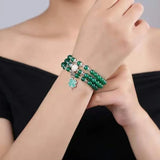 Green Crystal Bracelet 6mm Beads Tibetan Silver Pendant Women Multilayer Jewelry