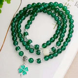 Green Crystal Bracelet 6mm Beads Tibetan Silver Pendant Women Multilayer Jewelry