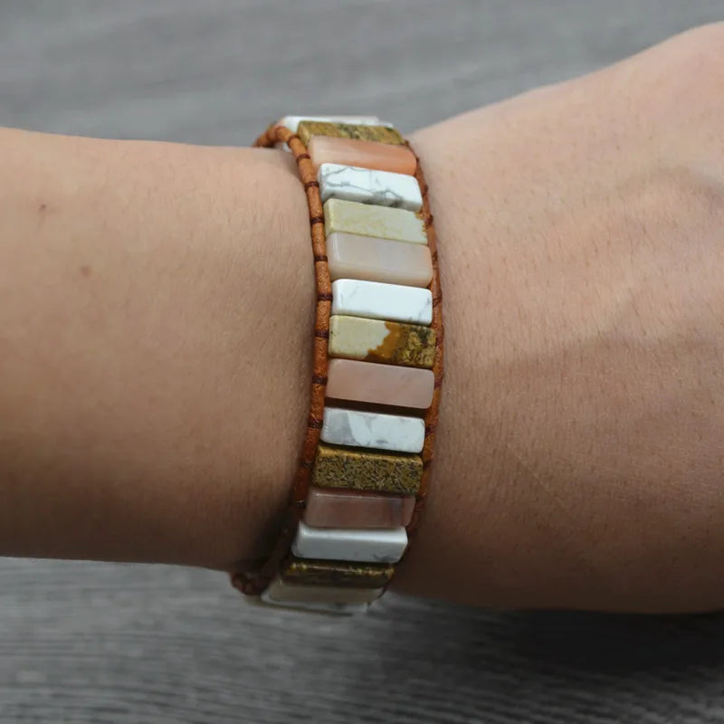 Boho Natural Stone Leather Wrap Bracelet