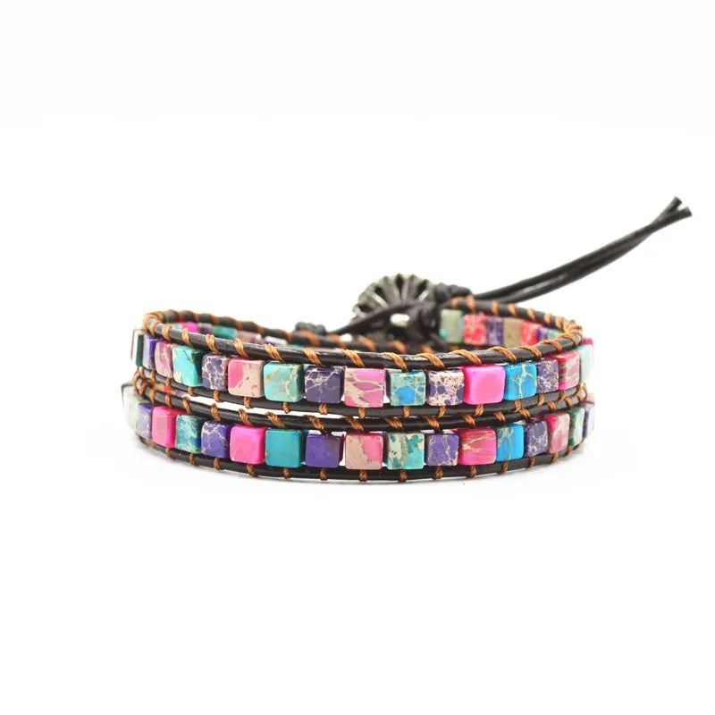 Boho Square Stone Leather Wrap Bracelet