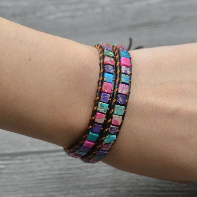 Boho Square Stone Leather Wrap Bracelet
