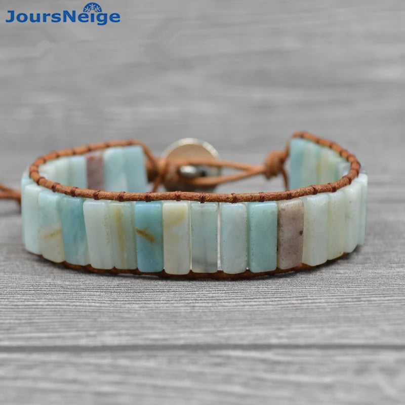 Hand Woven Boho Bracelet Natural Stone Leather Wrap Cuff