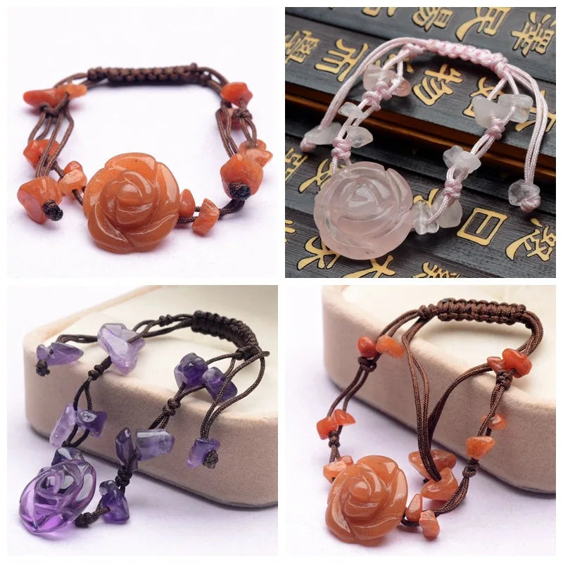 Natural Crystal Rose Bangle Bracelet Adjustable Length Anklet