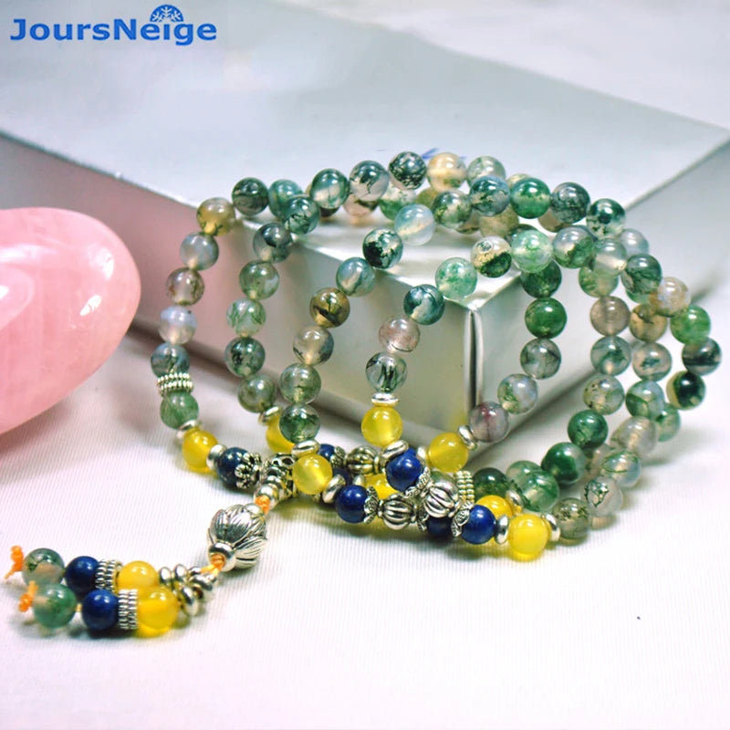 Green Grass Crystal Bracelet with Tassel Pendant - Multilayer Jewelry