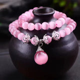 Pink Cat Eye Stone Bracelet with Ball Pendant